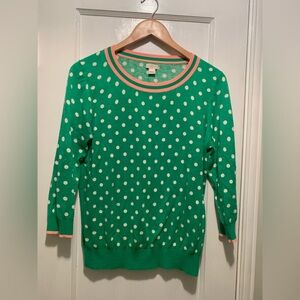 J.Crew Green with White Polka Dots Sweater with Pink Trim L Preppy 100% Cotton